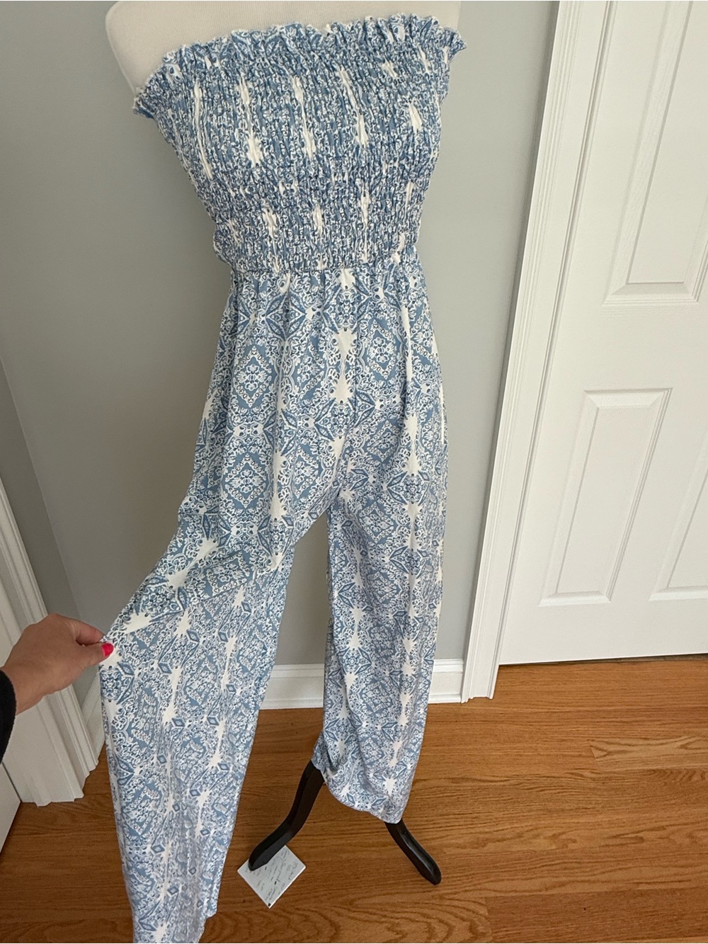 Smocked Strapless Wide-Leg Jumpsuit in Blue Tile Print